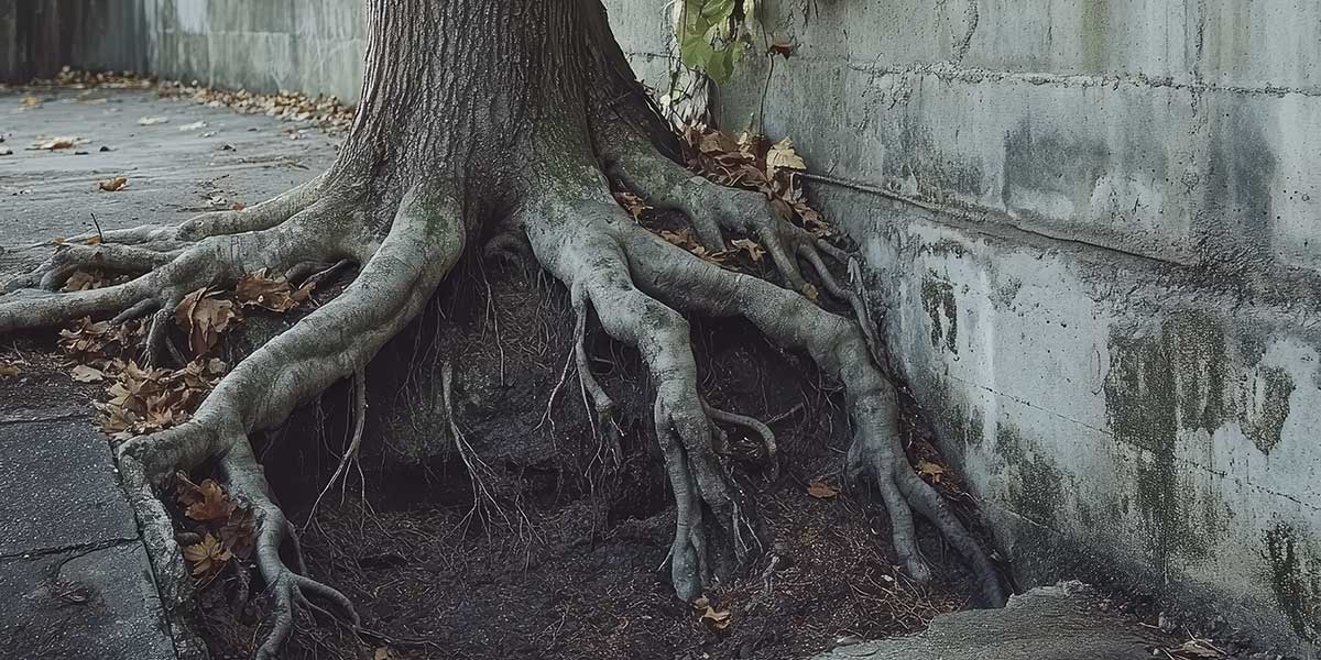 Thick, invasive tree roots growing tightly against a concrete wall foundation, showing how close growth can impact structural stability.